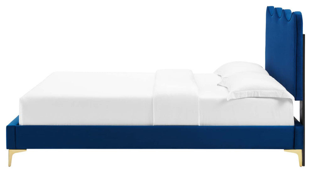 Platform Bed Frame, King Size, Blue Navy, Velvet, Modern, Bedroom Guest Suite