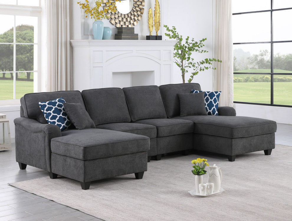 Lilola Home Leo Dark Gray Woven Double Chaise 4-Piece Modular Sectional Sofa