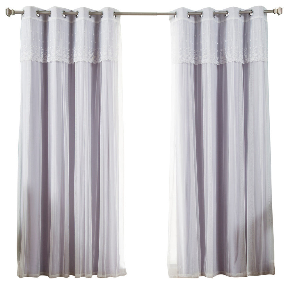Tulle Sheer With Attached Valance and Solid Blackout Curtains, Lilac, 84"