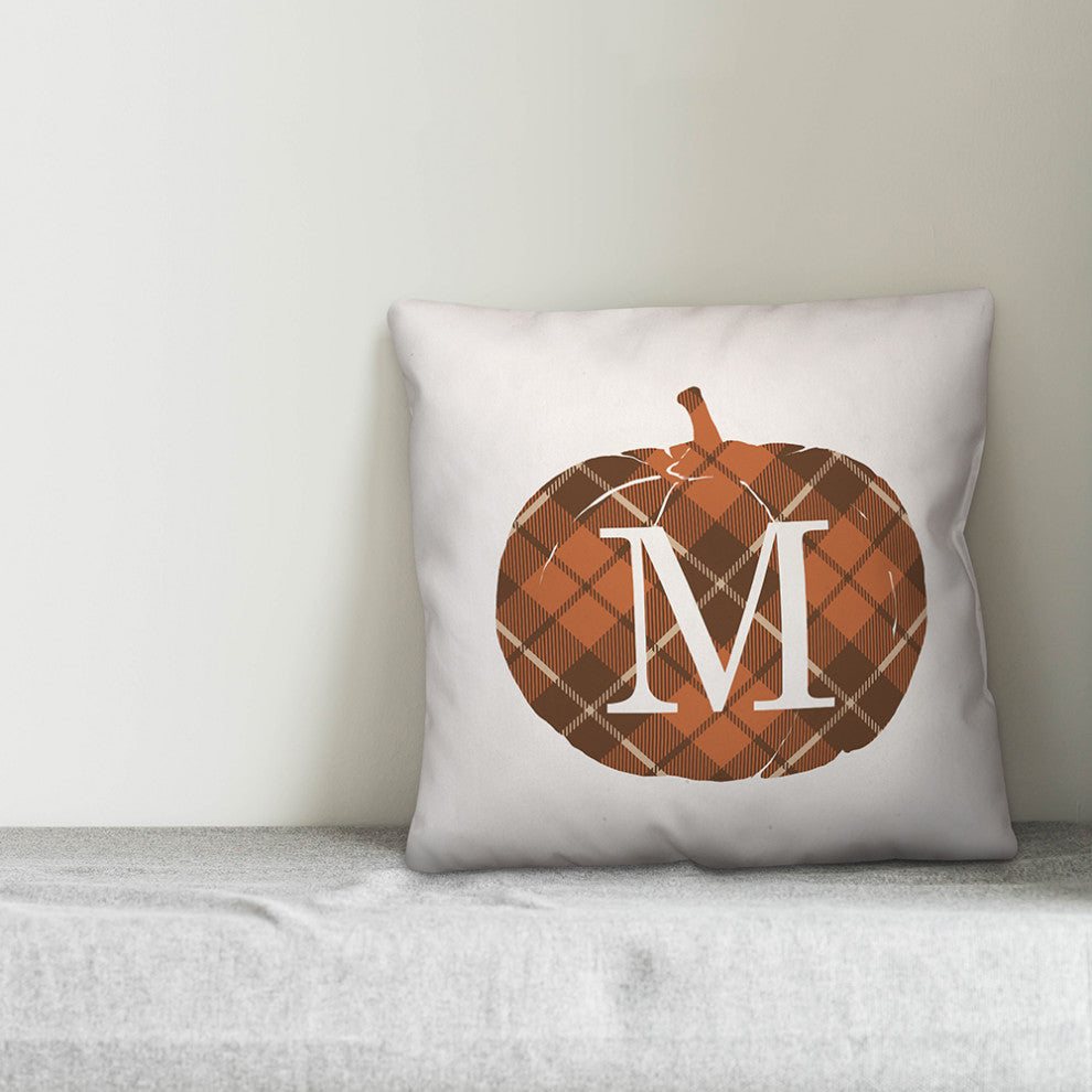 Plaid Pumpkin Monogram M 18x18 Spun Poly Pillow