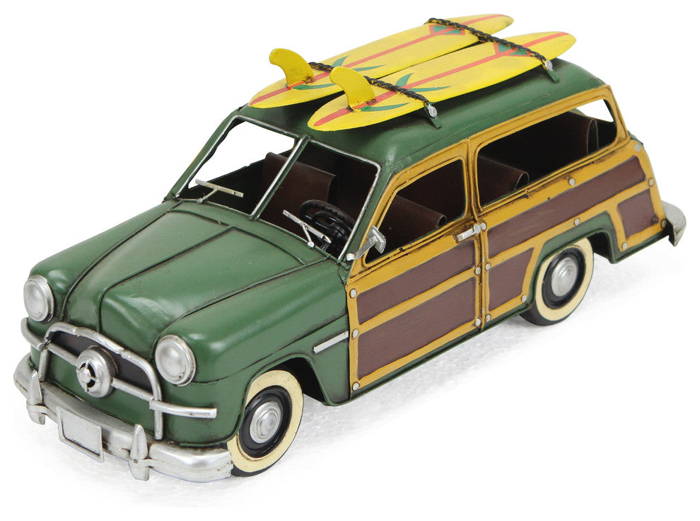 Mini Woody Car With Surfboard Circa 1949, Green