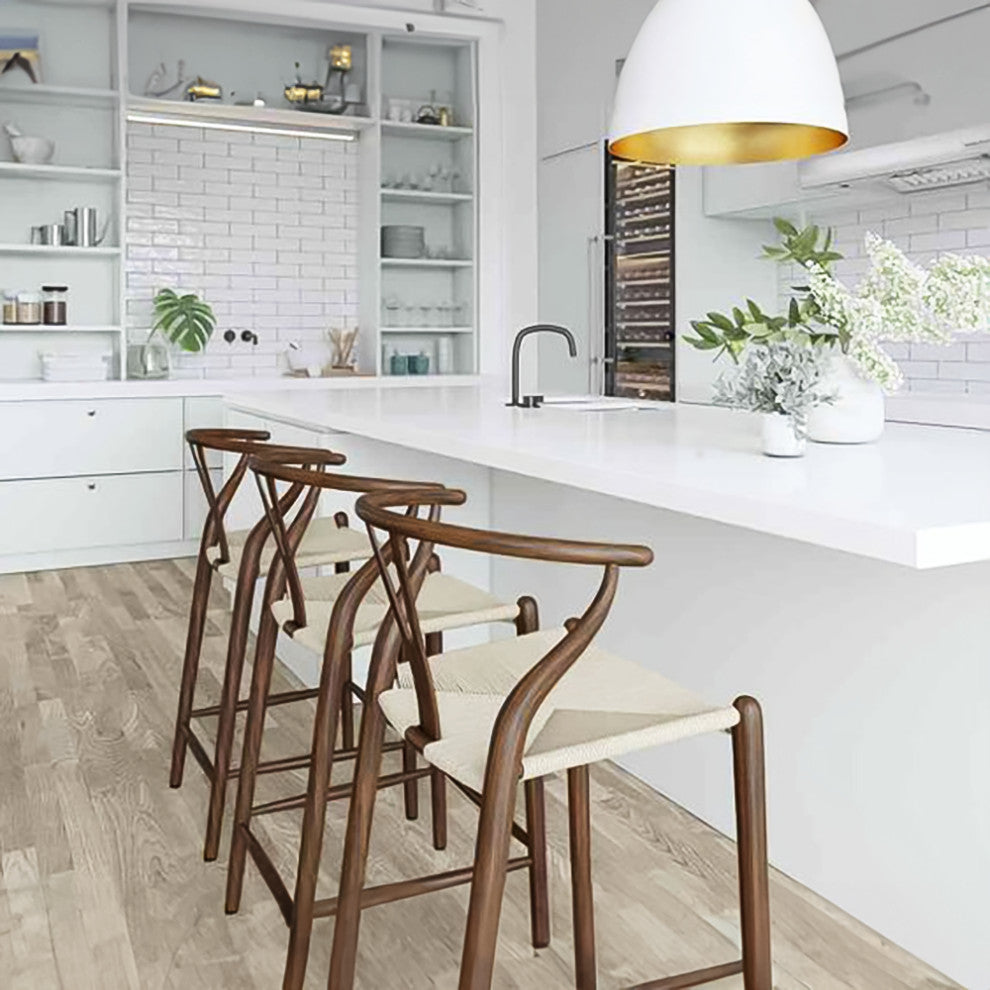 Set of 2 Wishbone Wood Elbow Barstool with Y Back, Woven Beige Seat, Espresso