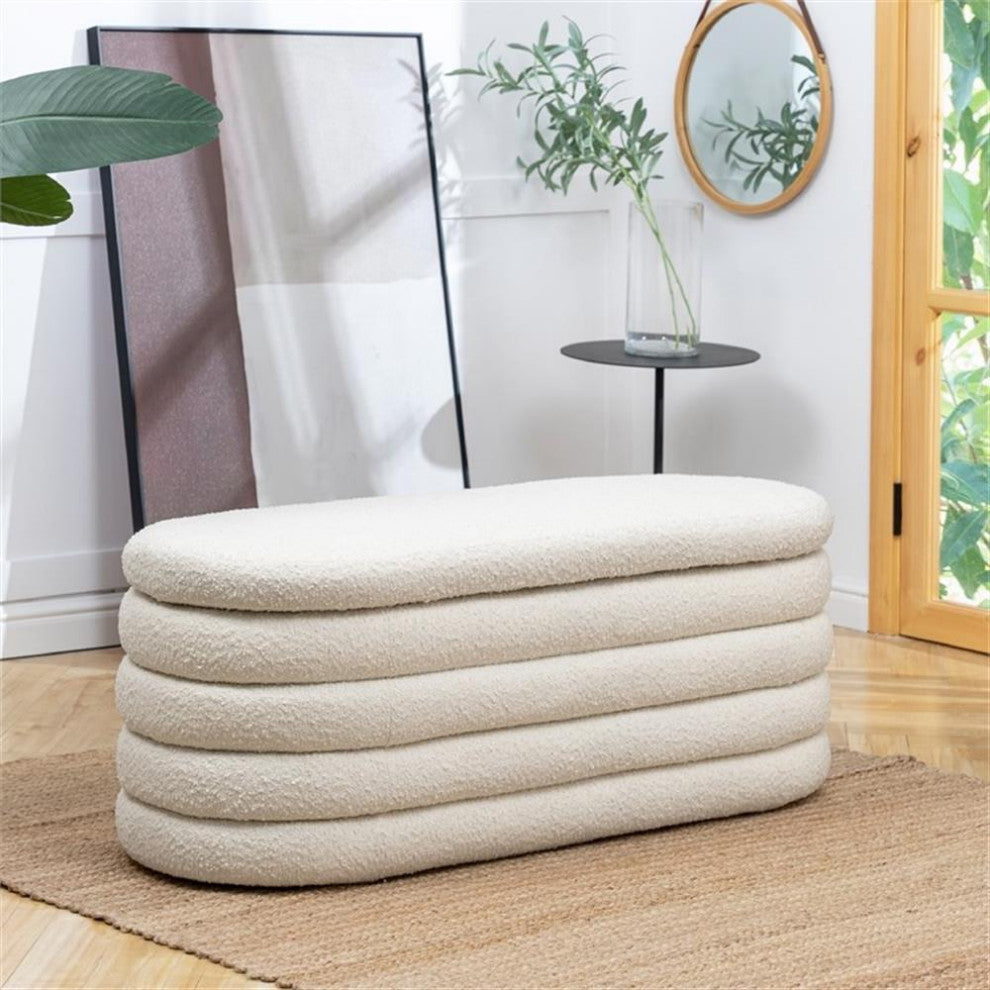 Fuji 49" Upholstered Oval Storage Bench Ivory White Boucle