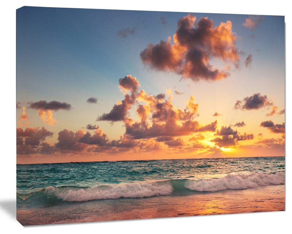 Sunrise on Beach of Caribbean Sea, Large Beach Canvas Wall Art, 40"x30"