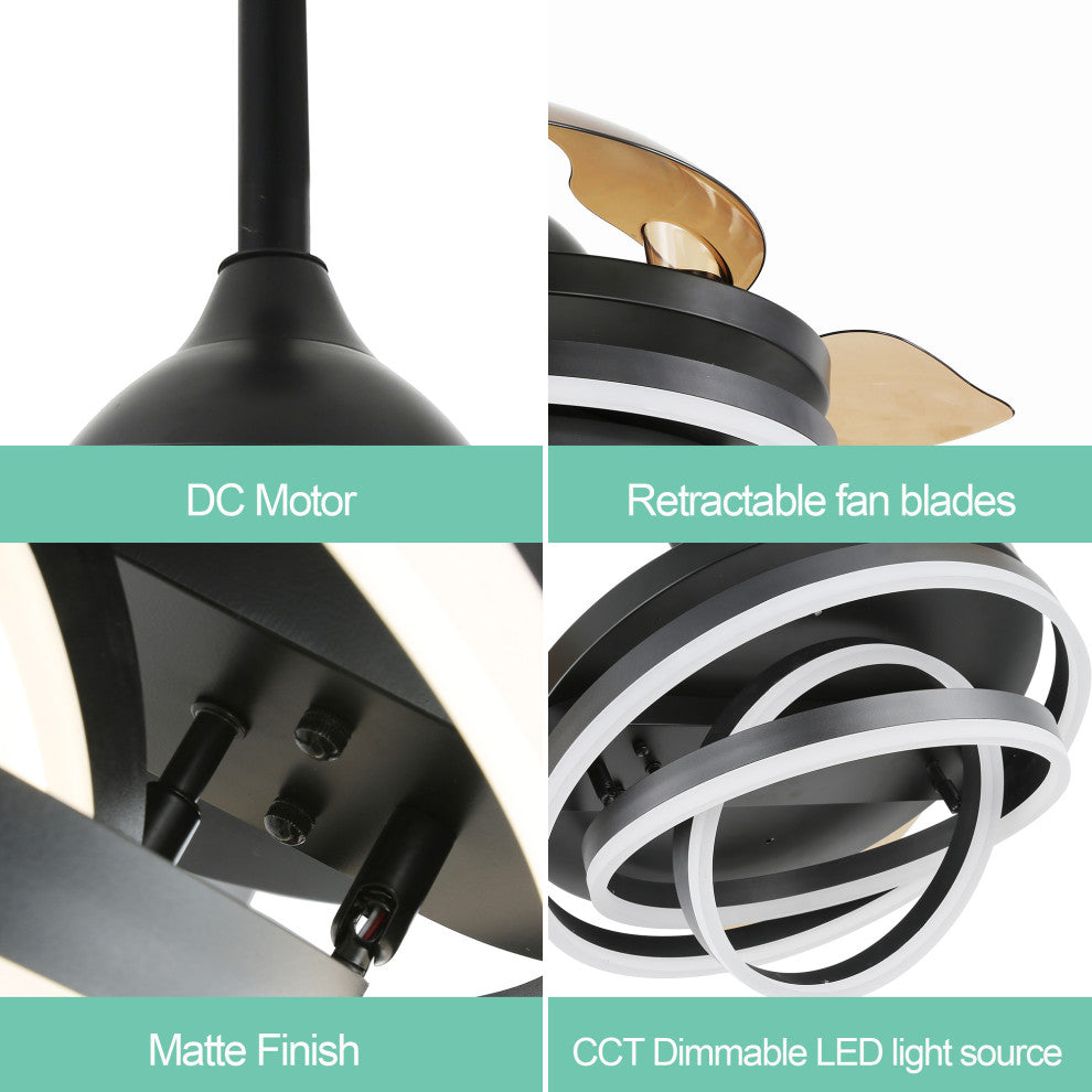 Oaks Aura 42" DIY Shape Retractable Ceiling Fan with Lights and Remote Control, Black