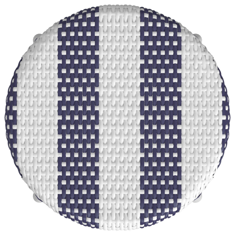 Tobias Round Rattan 30" Bar Stool, White and Navy Stripe