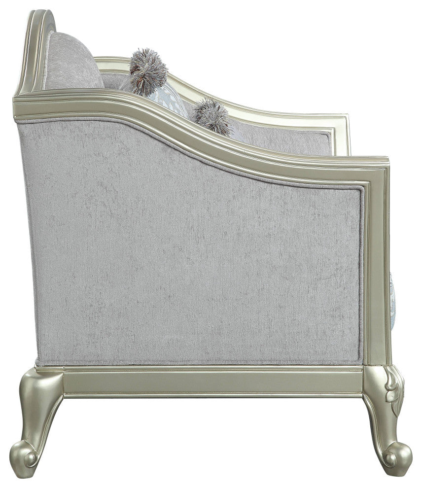 ACME Qunsia Loveseat With 4 Pillows, Light Gray Linen and Champagne Finish