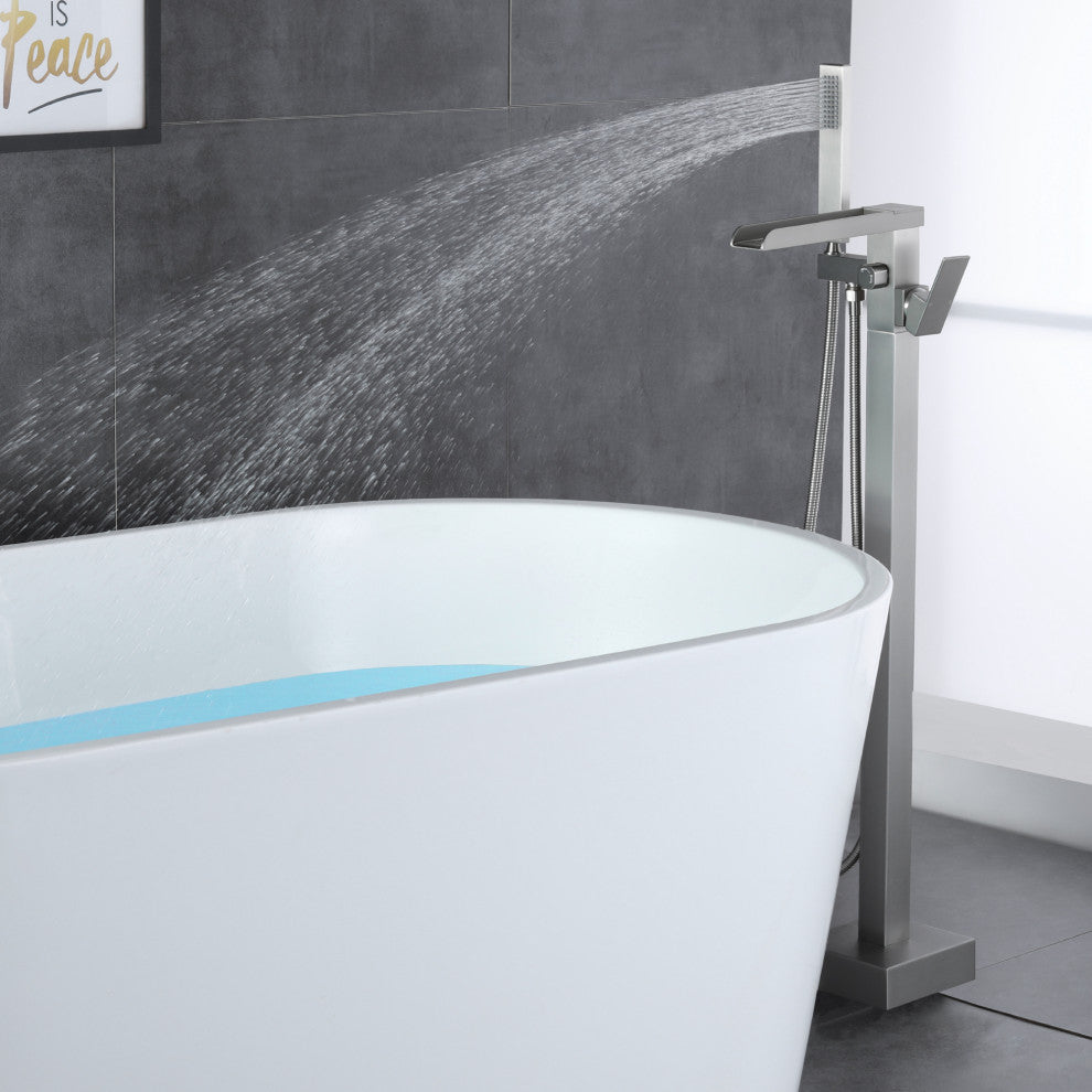 Waterfall Floor Mounted Tub Faucet With Hand Held Shower, Brushed Nickel