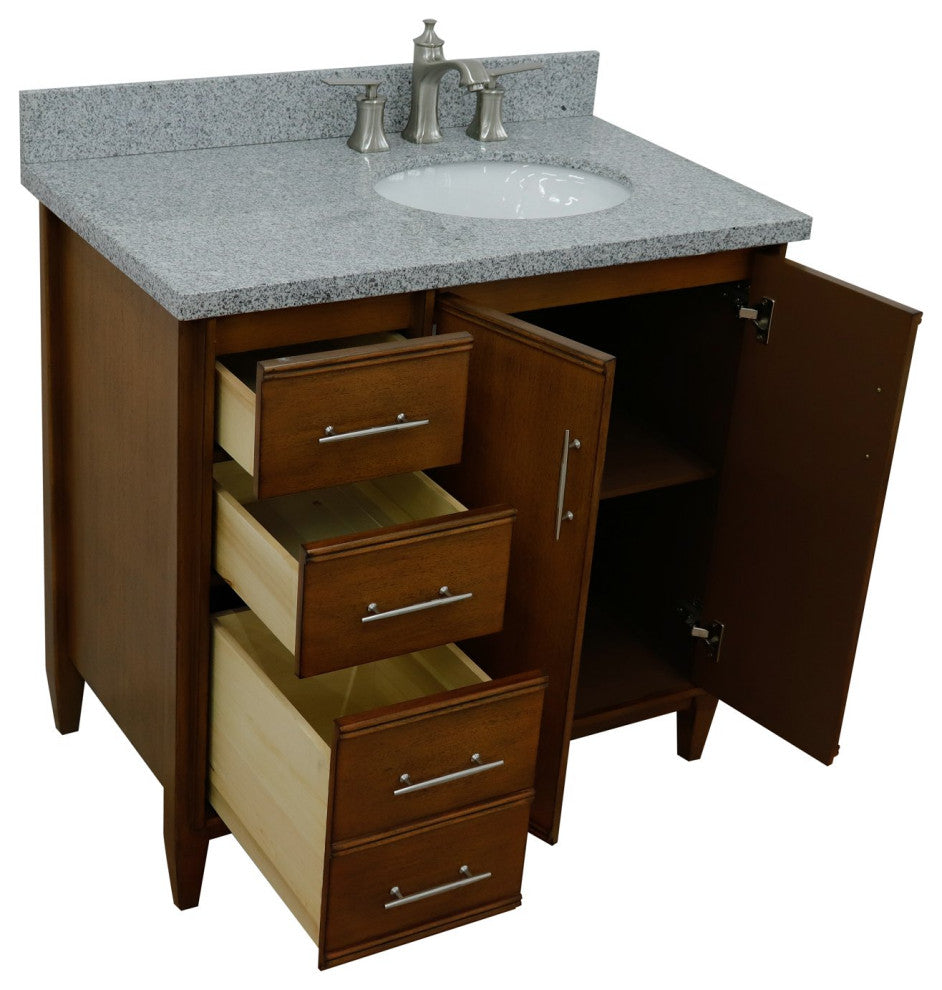 37" Single Vanity, Walnut Finish With Gray Granite
