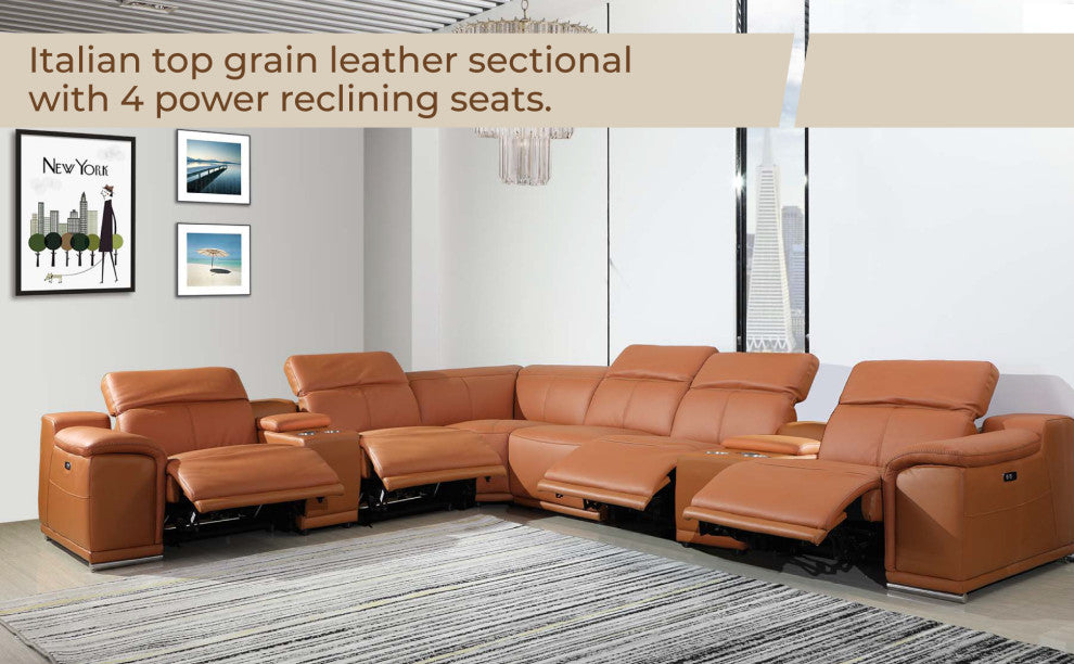 Federico 8-Piece L-Shaped Italian Leather Sectional, 4 Power Recliners, Cognac