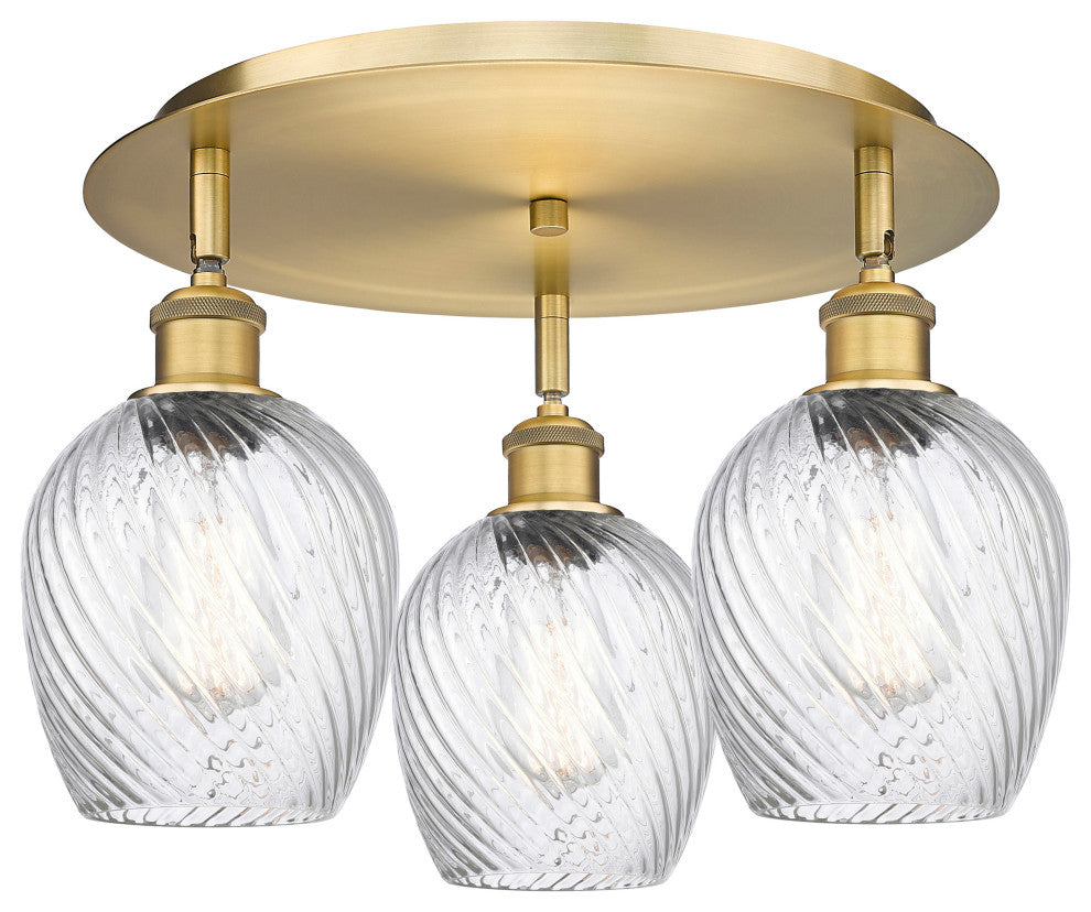 Salina-3 Light 17" Flush Mount-Brushed Brass, Clear Spiral Fluted Glass Shade