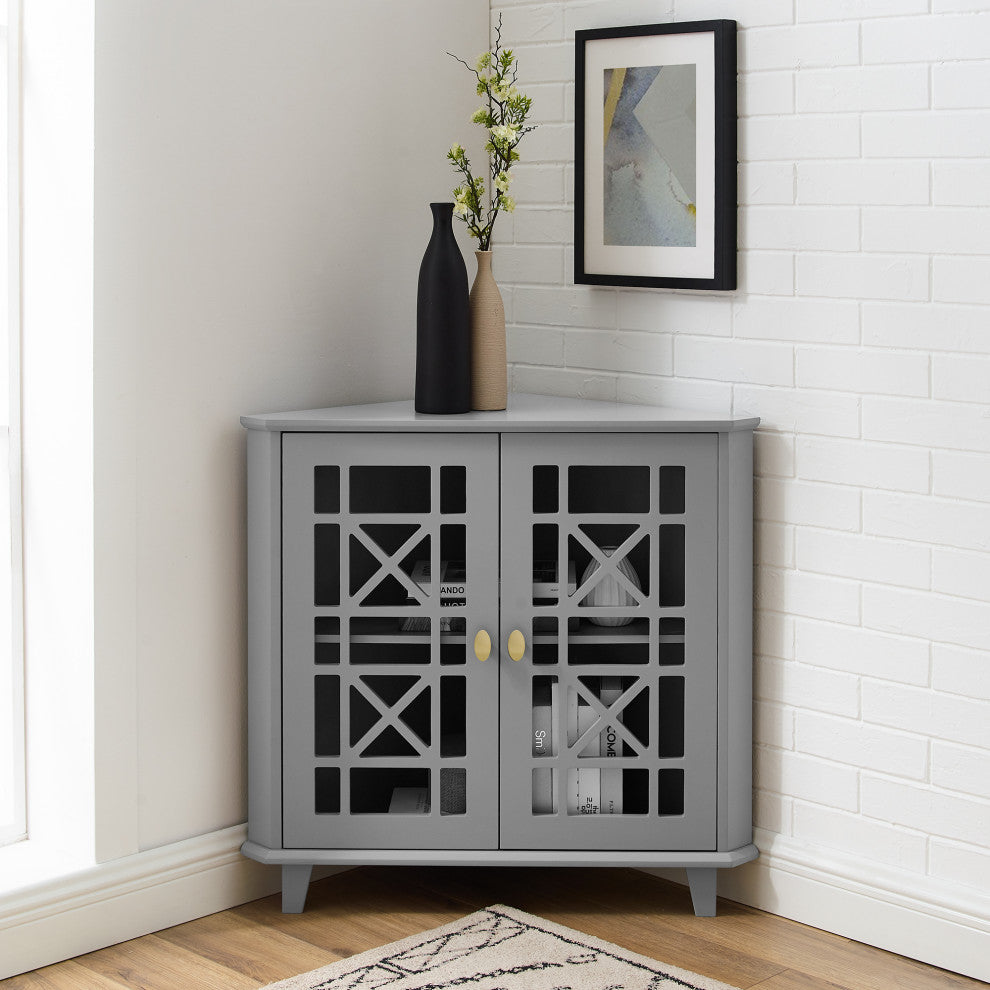 Gwen Fretwork Corner Accent Cabinet - Grey
