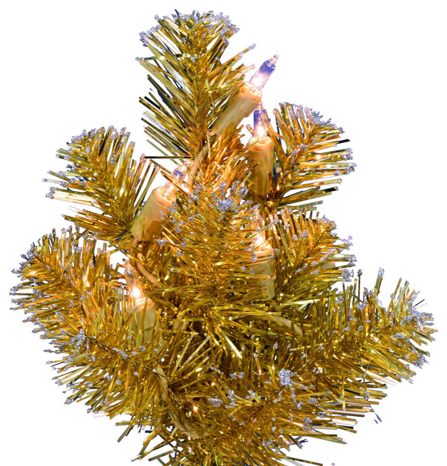 Vickerman G190825 2'X16" Gold Tinsel Artificial Christmas Tree, Clear Lights