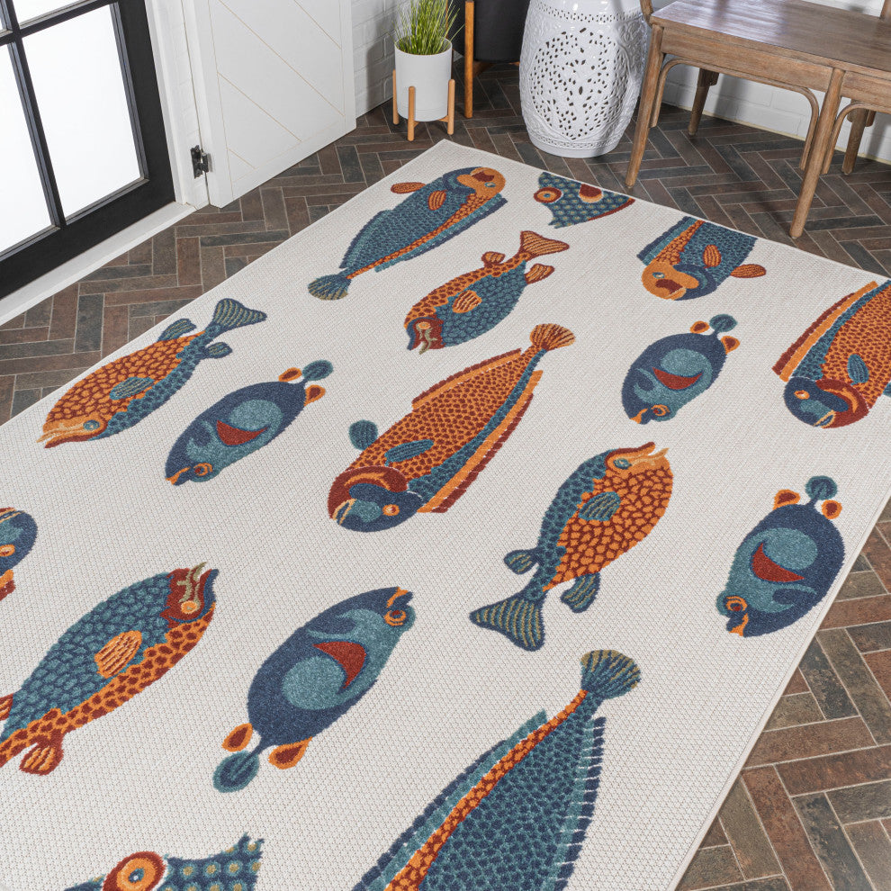 Algarve Modern Fish High-Low Indoor/Outdoor Area Rug, Navy/Orange/Cream, 3 X 5