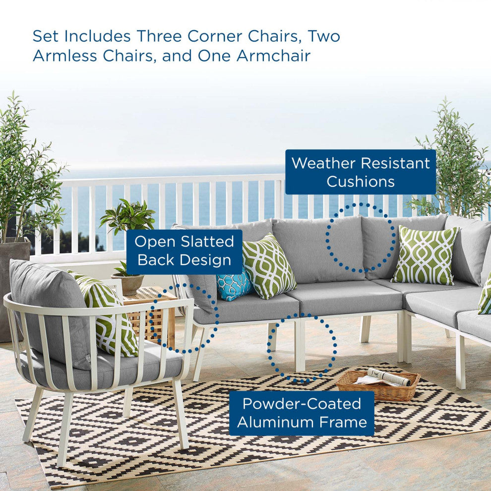 Lounge Sectional Sofa Chair Set, Aluminum, Metal, White Gray, Outdoor
