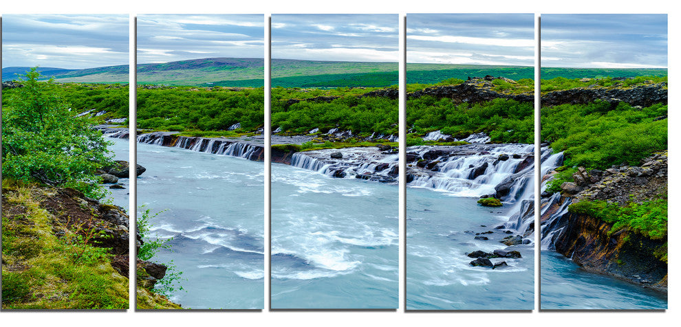 Hraunfossar Waterfall Iceland, Modern Landscape Canvas Art, 60"x28", 5 Panels