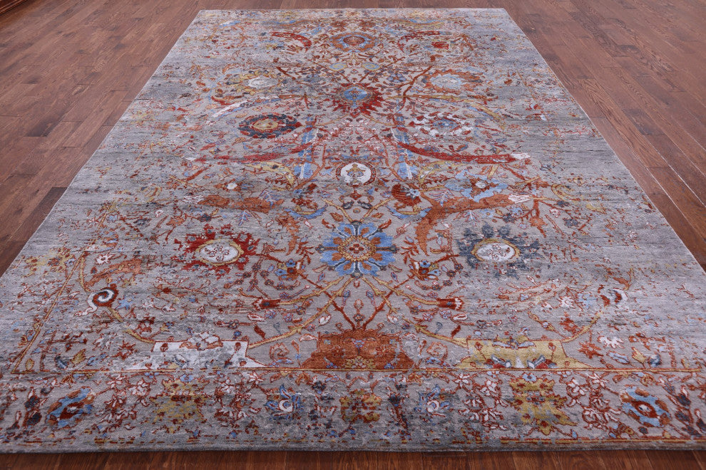 9' 0" X 12' 1" Persian Sickle Leaf Design Wool and Silk Hand Knotted Rug Q8716