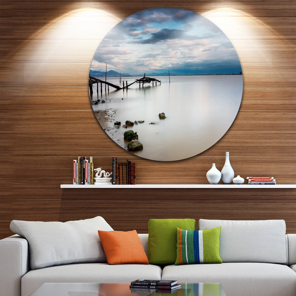 Magic Sunrise With Old Wooden Pier, Seascape Circle Metal Wall Art, 23"