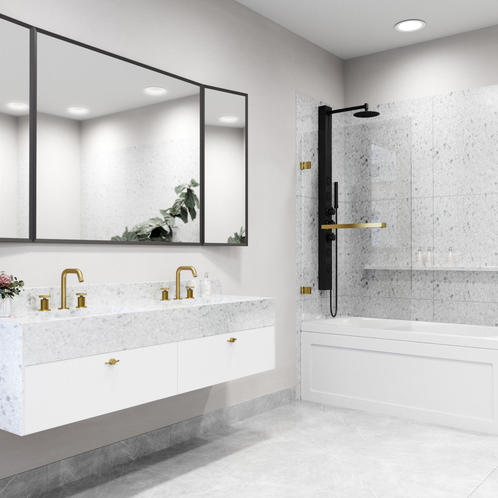 VIGO Rialto 34" W x 58" H Frameless Hinged Tub Door, Matte Brushed Gold, Clear Glass