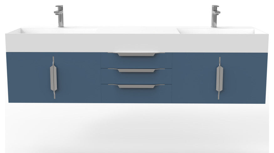 CastelloUSA Amazon 72" Wall Mounted Vanity Set, Blue, White Top, Brushed Nickel