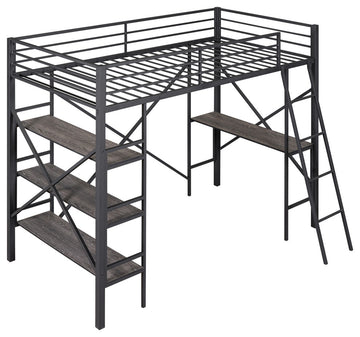 Gewnee Twin Size Metal Loft Bed with Shelves and Desk in Black