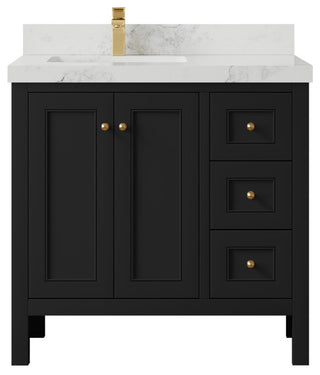 Nashville 36" Left Offset Bath Vanity, Black 2" Calacatta Nuvo