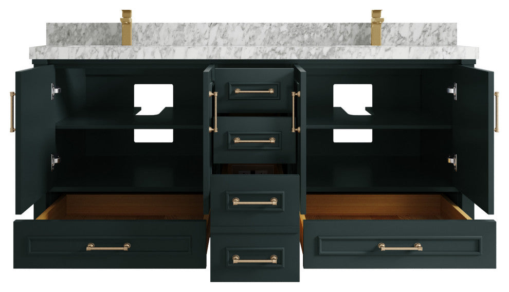Aberdeen 72 Double Sink Bath Vanity in Dark Forest Green 2" Carrara Marble