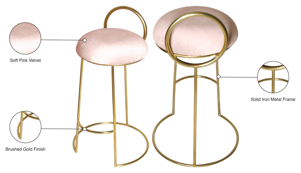 Ring Velvet Upholstered Counter Height Stool with Durable Iron Frame, Pink, Gold Finish