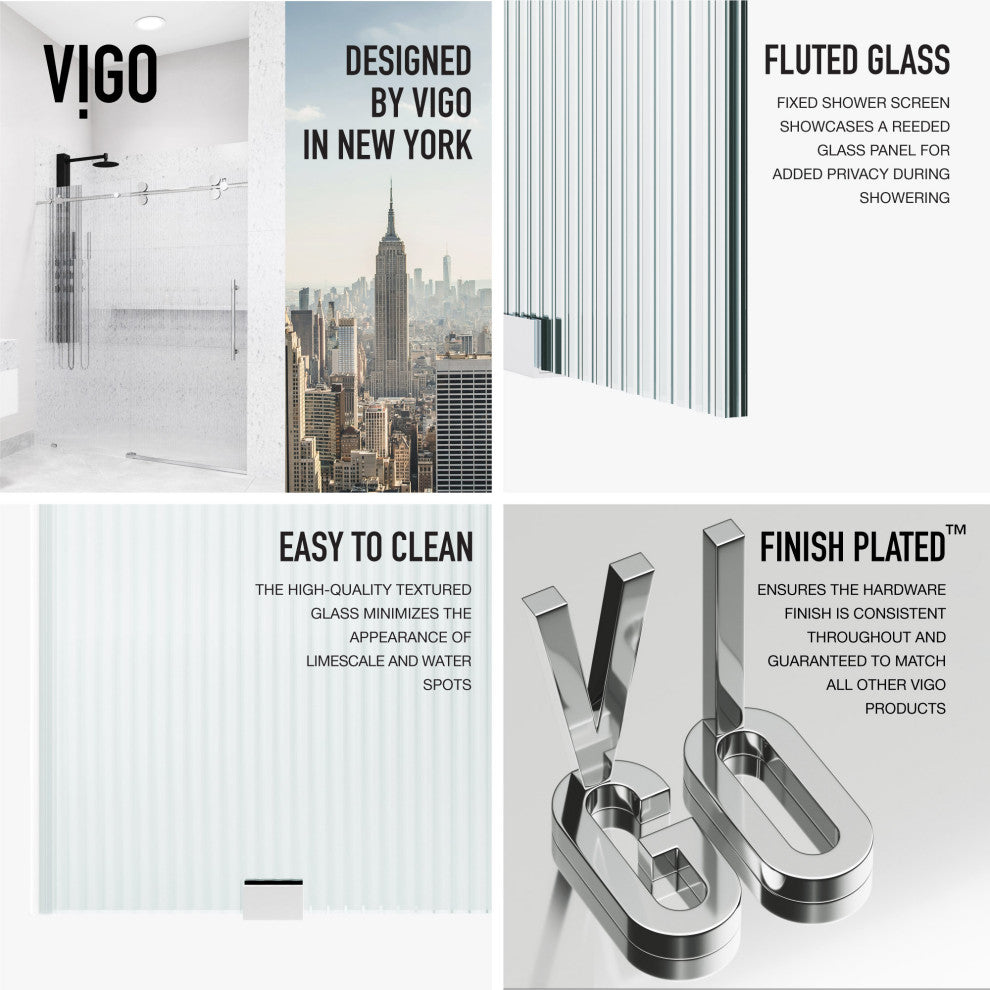 VIGO Elan 56" to 60" W x 74" H Frameless Sliding Shower Door, Chrome, Right, Fluted Glass
