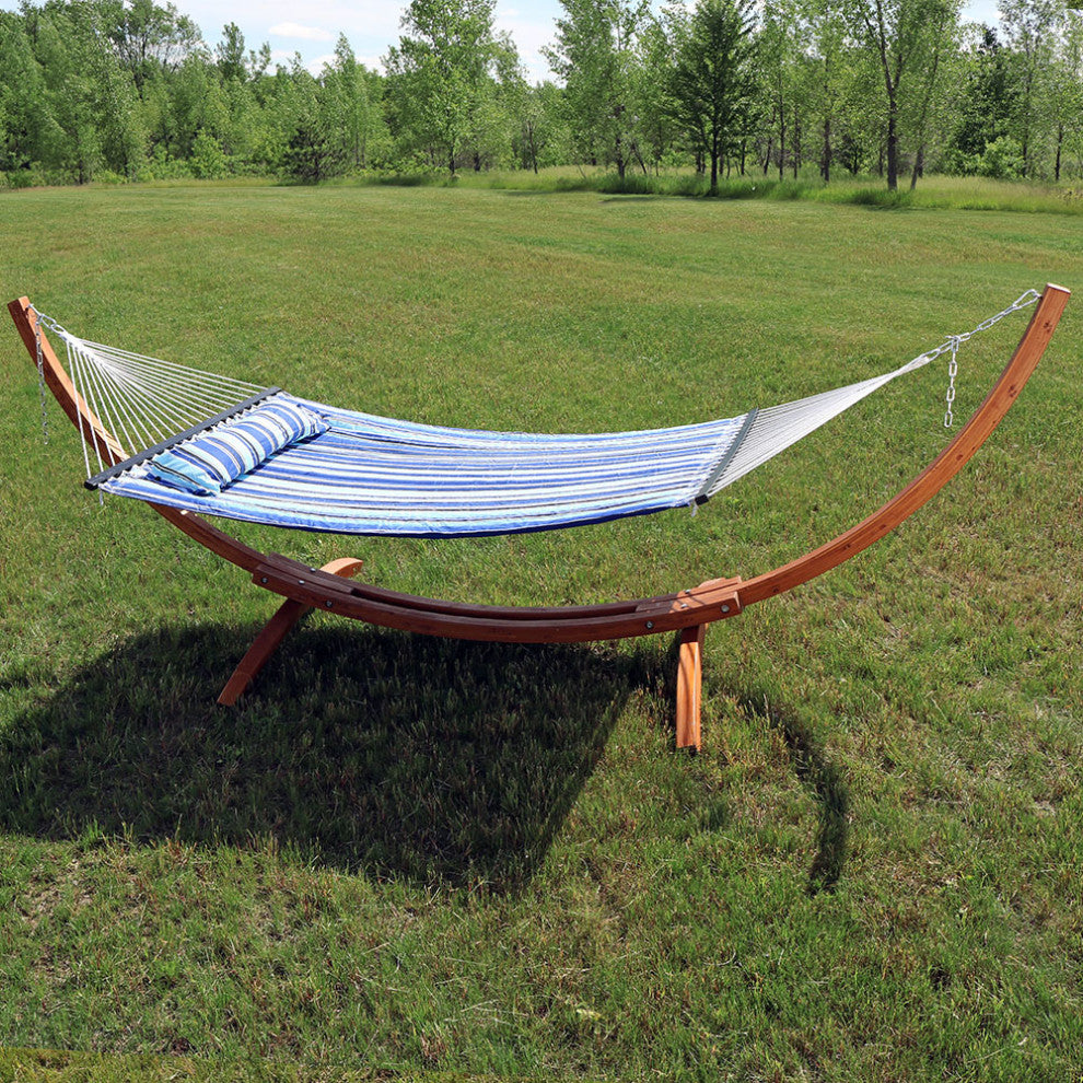 Sunnydaze Quilted 2-Person Hammock With 12' Wood Stand, Catalina Beach