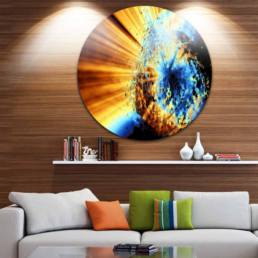 Fractal 3D Blue Brown Burst, Abstract Art Disc Metal Wall Art, 23"