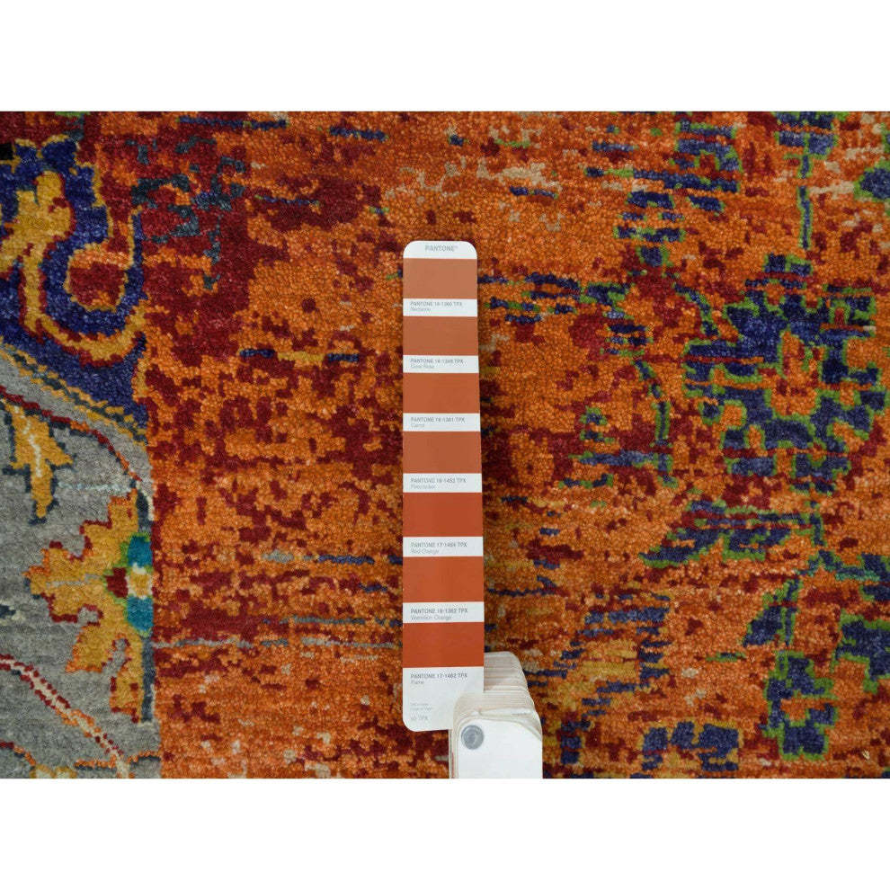 Orange Ancient Ottoman Erased Design Wool Hand Knotted Round Rug 12'1"x12'1"