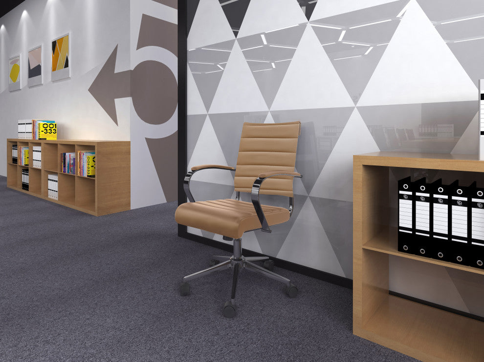 Set of 2 Mid Back Swivel Ribbed PU Leather Office Arm Chair Modern Ergonomic, Beige Tan
