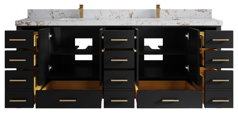 Malibu 84" Double Sink Bath Vanity in Black 2" Viola Gold