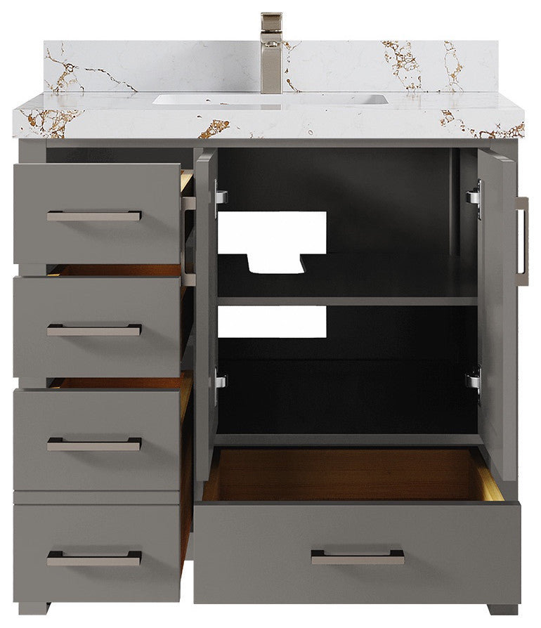 Malibu 36 Center Sink Bath Vanity in Elephant Skin Gray 2" Viola Gold