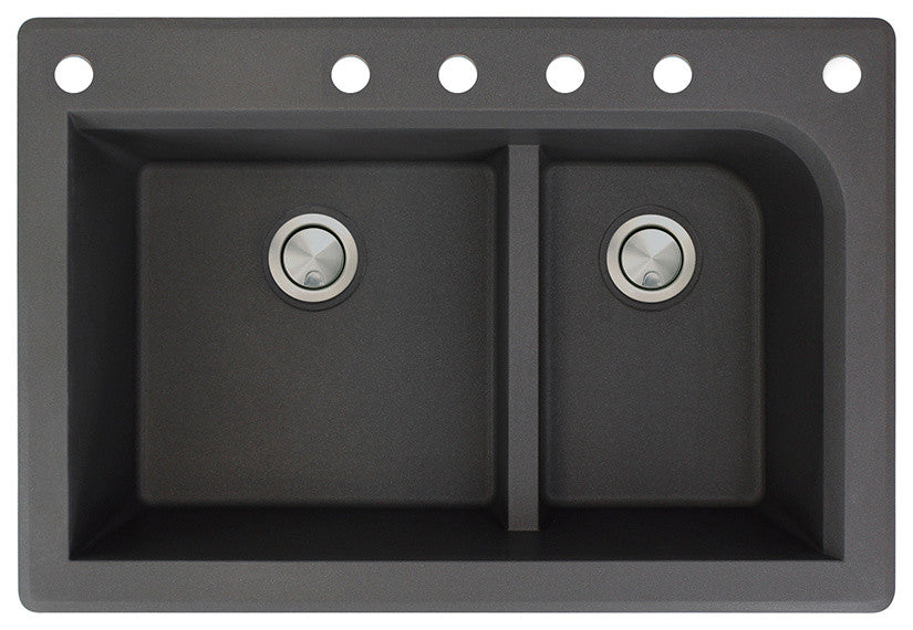 Radius 33" silQ Granite Drop-in Double Bowl Kitchen Sink with 6 Holes in Black