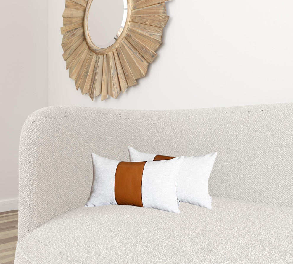 Set of 2 Porcelain White and Center Caramel Brown Faux Leather Pillow Covers