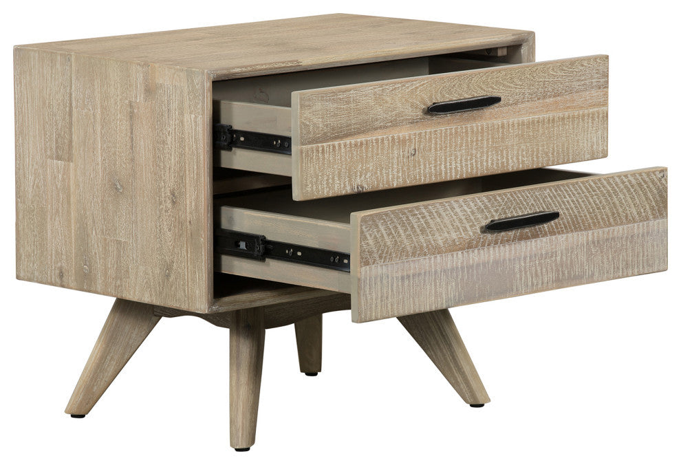 Baly Acacia Mid-Century 2 Drawer Nightstand, Gray Sandblast