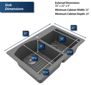 Karran Drop-In Quartz 33" 1-Hole 60/40 Double Bowl Sink Kit, Grey