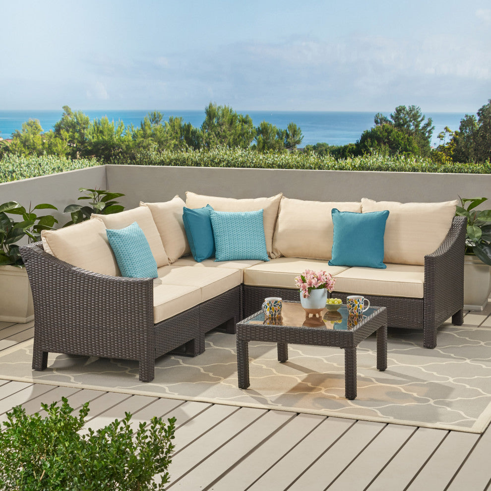 GDF Studio 6-Piece Caspian Outdoor Wicker Sectional Sofa Set With Cushions, Brow