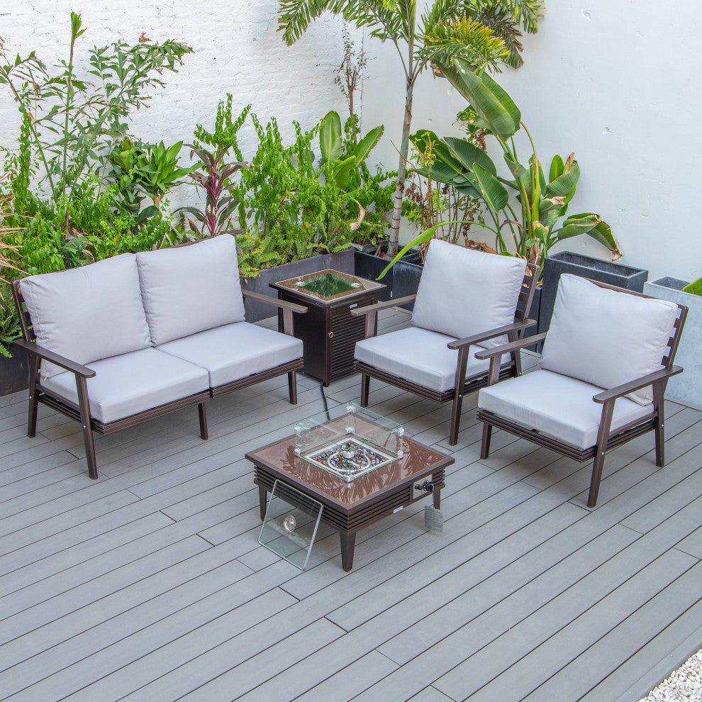 LeisureMod Walbrooke Patio Conversation Set With Fire Pit Table, Light Grey