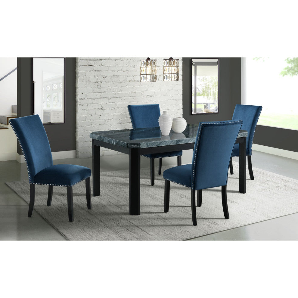 Francesca Rectangular 5 Piece Blue Velvet Chairs Dining Set Table and 4 Chairs
