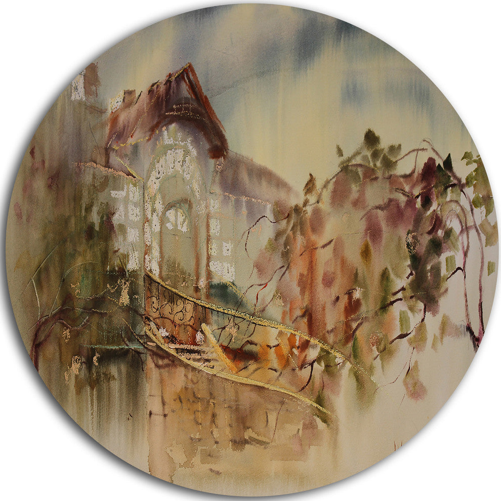 Abstract Old Building Watercolor, Abstract Disc Metal Wall Art, 11"