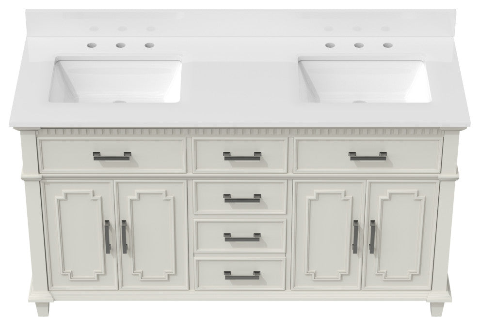 60''Wood Bathroom Vanity Set, With Drawers, Marble Top And Undermount Sink, White