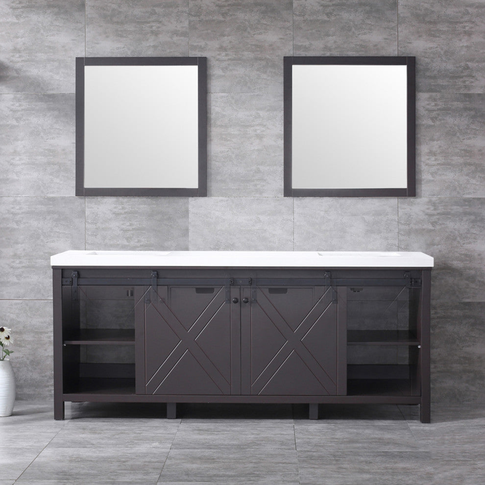 Marsyas 80" Brown Double Vanity Cabinet Quartz Top Sinks, 30" Wall Mirrors