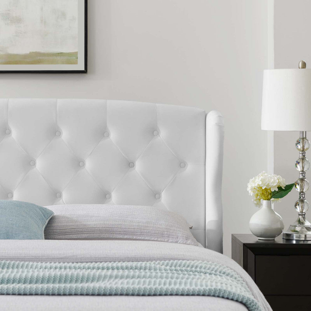 Tufted Platform Bed Frame, Queen Size, Velvet, White, Modern Contemporary