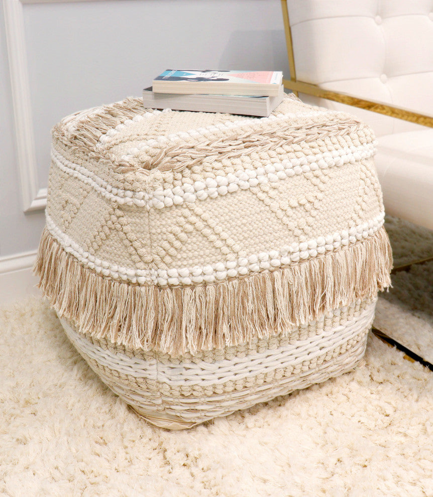 Pasargad Home Grand Canyon Premium Cotton Pouf, Beige