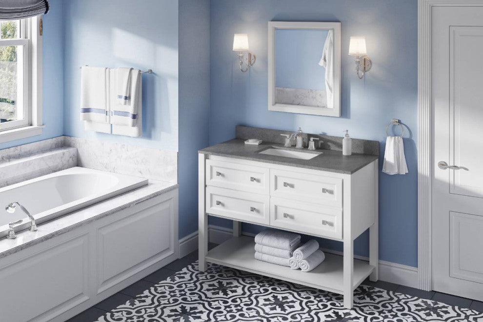 Adler Transitional 48" White Vanity, Steel Grey Cultured Marble Vanity Top
