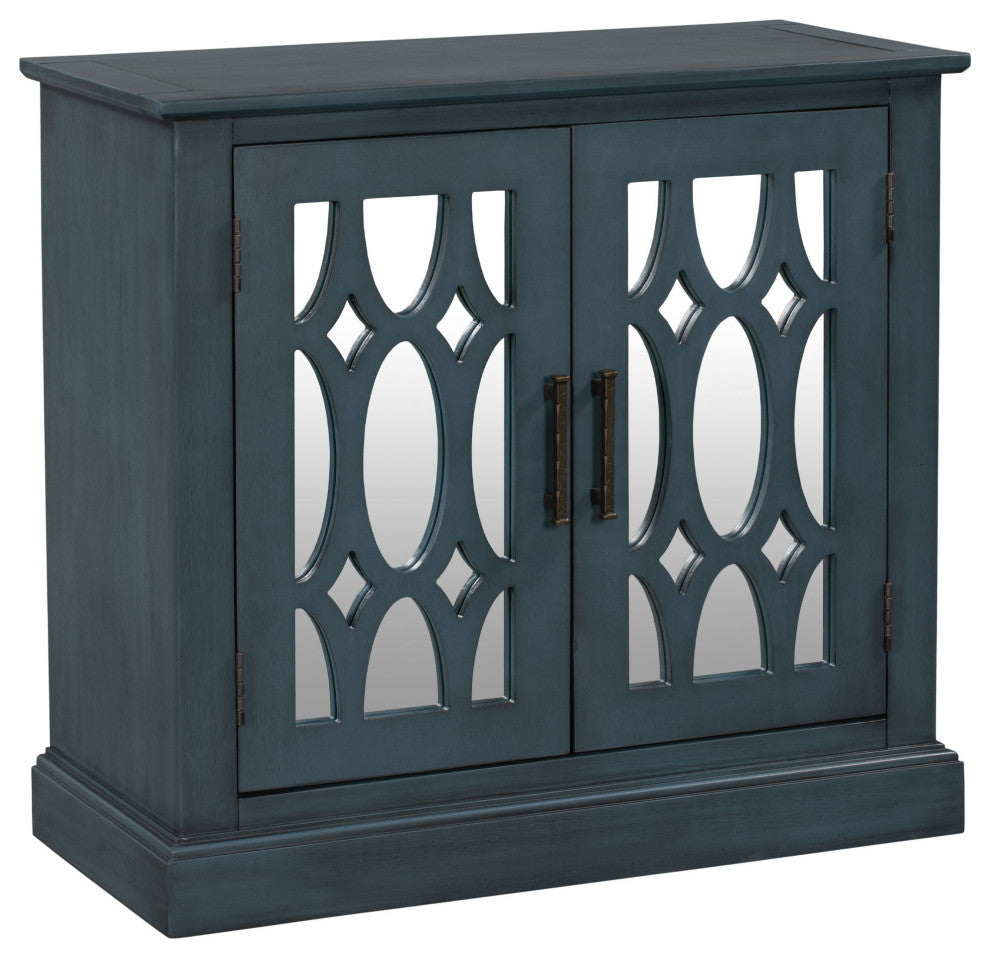 Wood Double Decorative Mirror Door Accent Cabinet, Blue, 30" X 14"