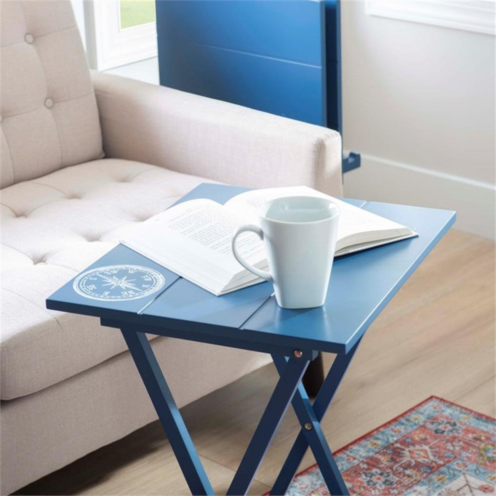 Linon Lorie 5 Piece Tray Table Set Planked Top Compass Design in Navy Blue Wood